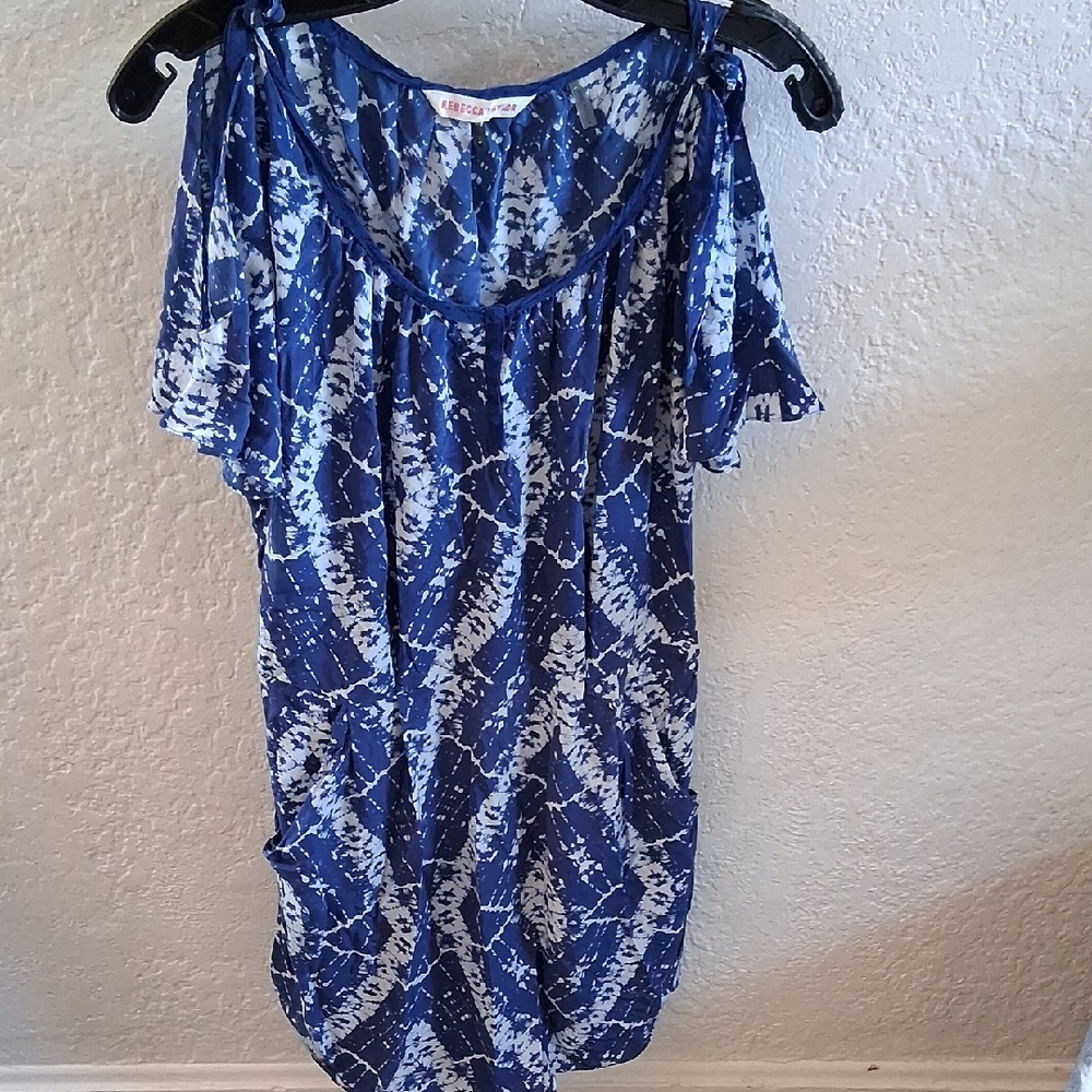 Rebecca Taylor Navy and White Tie-Dye Dress With Front Pockets